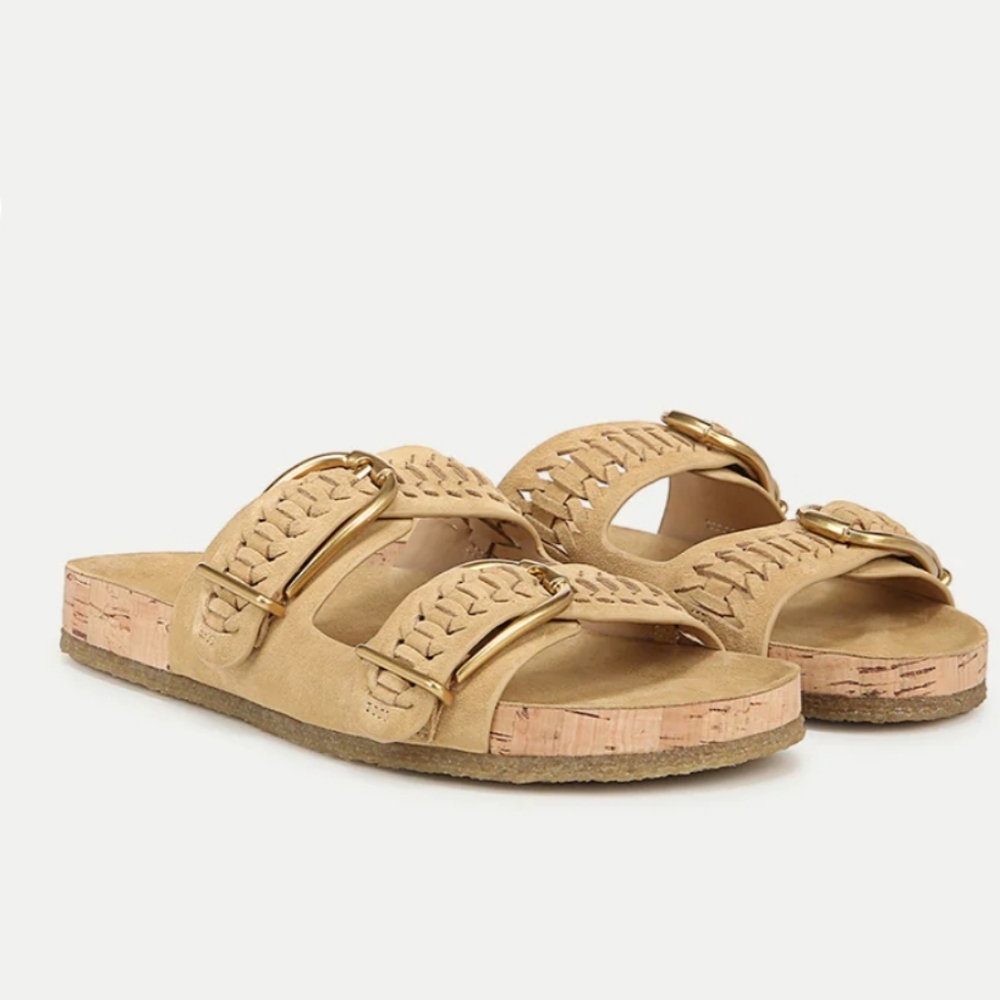 Veronica Beard Paige Buckle Neutral Tan Double-Buckle Braided Slide Sandals